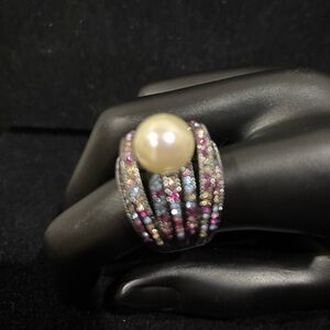 Nataliya V Collister CZ & Pearl Solid Silver 925 Multi Color Gems Ring 9